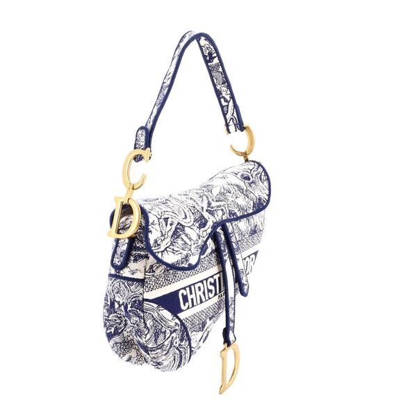 Christian Dior Saddle Bag Logo Embroidered Canvas Medium Blue, Neutral - Picture 2 of 6